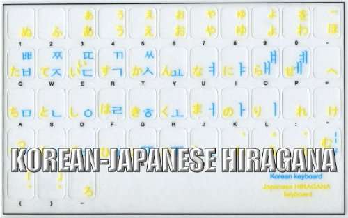 Korean Japanese Hiragana Keyboard Labels Layout with Blue and Yellow Lettering Transparent Background 2