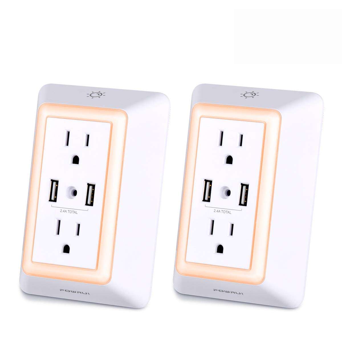 USB Wall Charger, Surge Protector, POWRUI USB Outlet with 2 USB Ports (2.4A Total) and Dusk-to-Dawn Sensor Night Light, 1080Joules, ETL Listed - White (2-Pack) 1