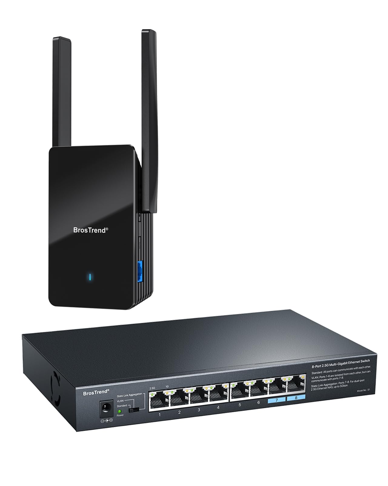 BrosTrend AX3000 WiFi 6 Range Extender Booster with Gigabit Port, Up to 2200 sq.ft. & 45 Devices + 8-Port 2.5G Ethernet Switch Multi-Gigabit 2.5GB Network Switch Support Static Link Aggregation & VLAN
