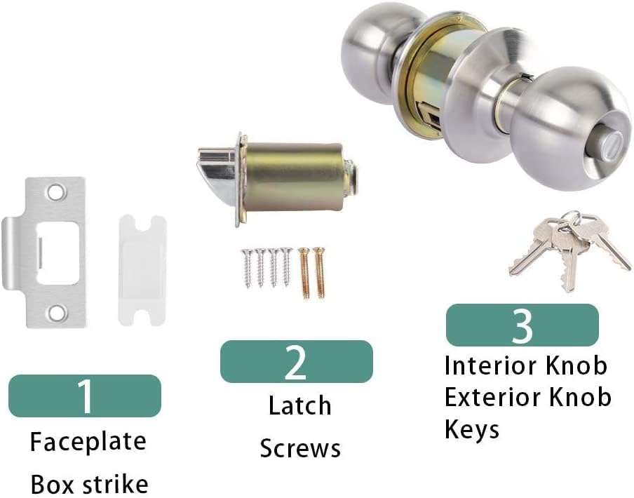 Door Knob with Lock Bedroom - Keyed Entry Door Knob Lock Interior and Exterior Bathroom,Stainless Steel Privacy Locking Door Knob Round Ball Door Lock Brushed Nickel(Silver) 6
