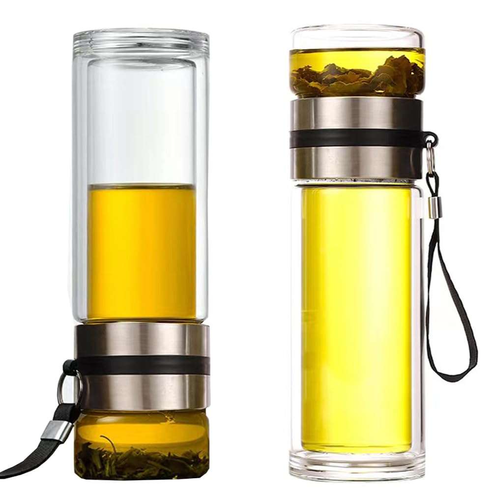 PUPOPIK 14oz Double Wall Glass Water Bottle Tea and Portable Travel Water Separation Tea Bottle Mug Cup with Tea Infuser,Clear Filtrating Tea Maker for Loose Leaf Tea (Sliver-450ml) 3