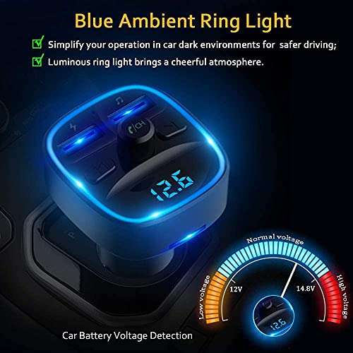 Bluetooth FM Transmitter for Car, Blue Ambient Ring Light Wireless Radio Car Receiver Adapter Kit with Hands-Free Calling, Dual USB Charger 5V/2.4A and 1A, Support SD Card, USB Disk (Black) 4