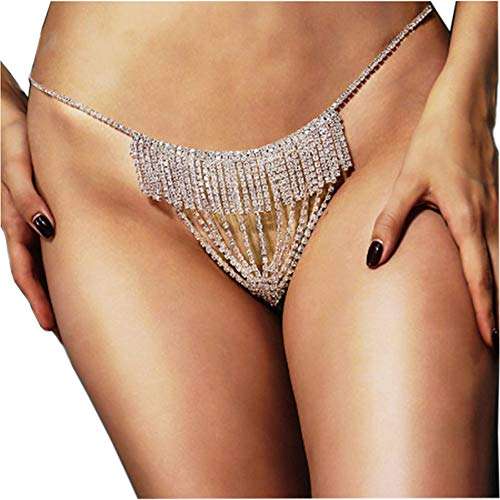 Women Sexy Rhinstone Underwear G-String Thong Panties Bridal Crystal Tassel Body Chain Jewelry Bikini Crystal Waist Body Chain for Nightclub(Silver) 1