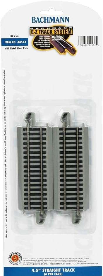 Bachmann Trains - Snap-Fit E-Z TRACK 4.50” STRAIGHT TRACK (4/card) - NICKEL SILVER Rail With Gray Roadbed - HO Scale 5