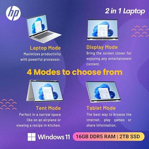 HP Envy x360 2-in-1 Laptop 2024, 16" WUXGA Touchscreen, Core Ultra 7 155U(>i7-1355U, 4.80 GHz), Copilot AI Laptop, 5MP IR camera, Backlit Keyboard,Windows 11 Home, Silver(16GB 6400 MHz DDR5 | 2TB SSD) 5