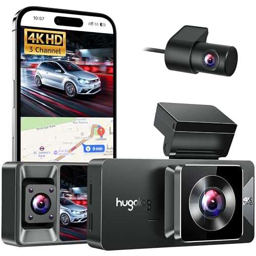 Hugolog 3 Channel Dash Cam 4K+1080P+1080P HD Triple Dashcam with 5G WiFi, 3" IPS Touch Screen, Front and Rear Inside Loop Recording Car Camera, Built-in GPS, IR Night Vision, WDR, Parking Mode 1