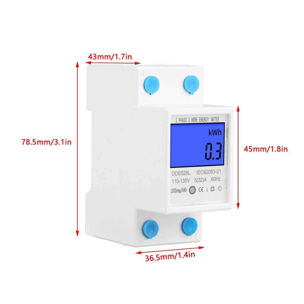 Digital Energy Meter, 5-32A 110-130V 60Hz LCD Backlight Single Phase Energy KWh Meter 35mm DIN Rail Mounting with Buckle & Seal 6