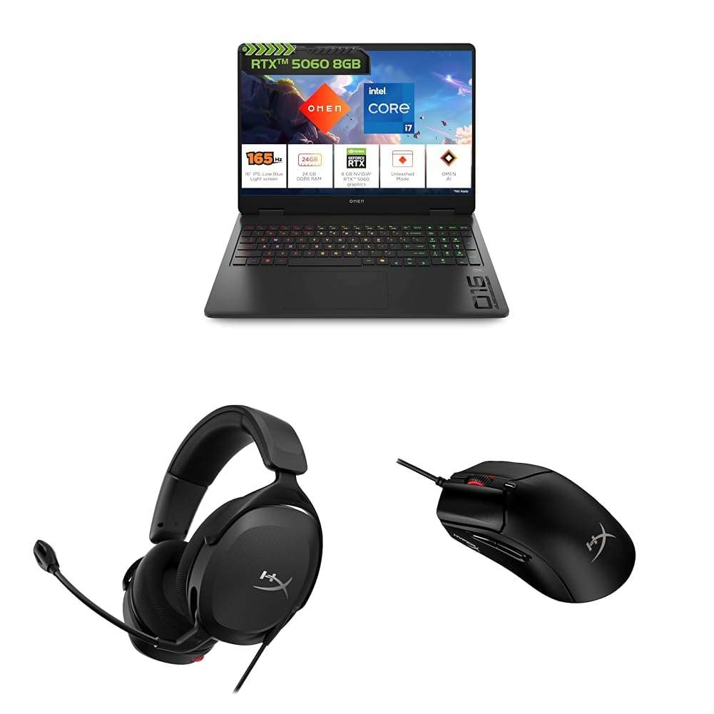 HP Omen, Intel Core i7-14650HX 14th Gen, 8GB RTX 5060, 24GB DDR5 1TB SSD with HyperX Cloud Stinger 2 Core Gaming Wired Headset & HyperX Pulsefire Haste 2 Hyperflex Cable, Up to 26000 DPI Gaming Mouse 1