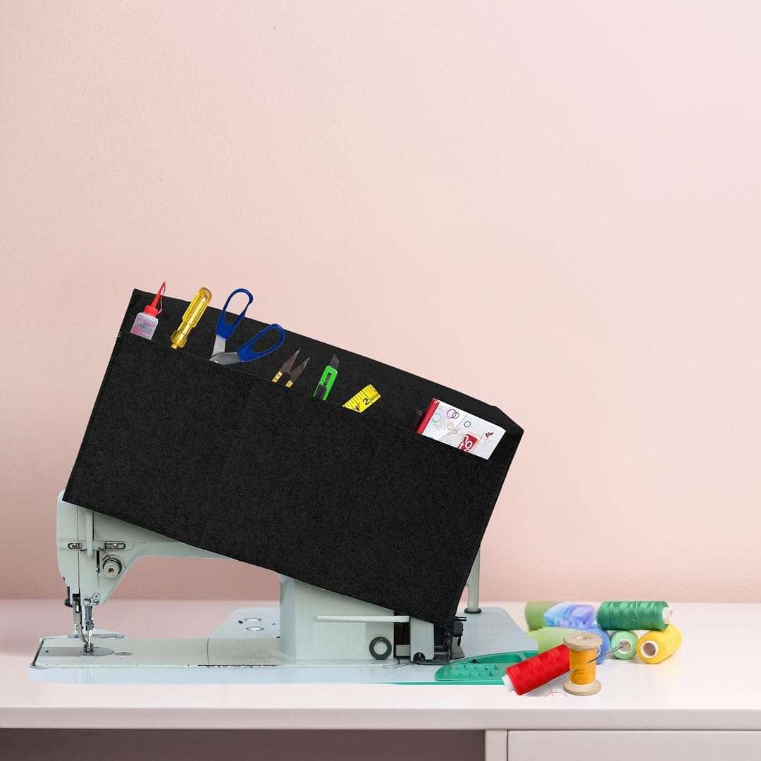 CVANU Sewing Machine Polyester Cover with Storage Pockets Protect from Dust & Dirt Compatible for All Stitching Machine (15.8inchX13.4inch) Black 1