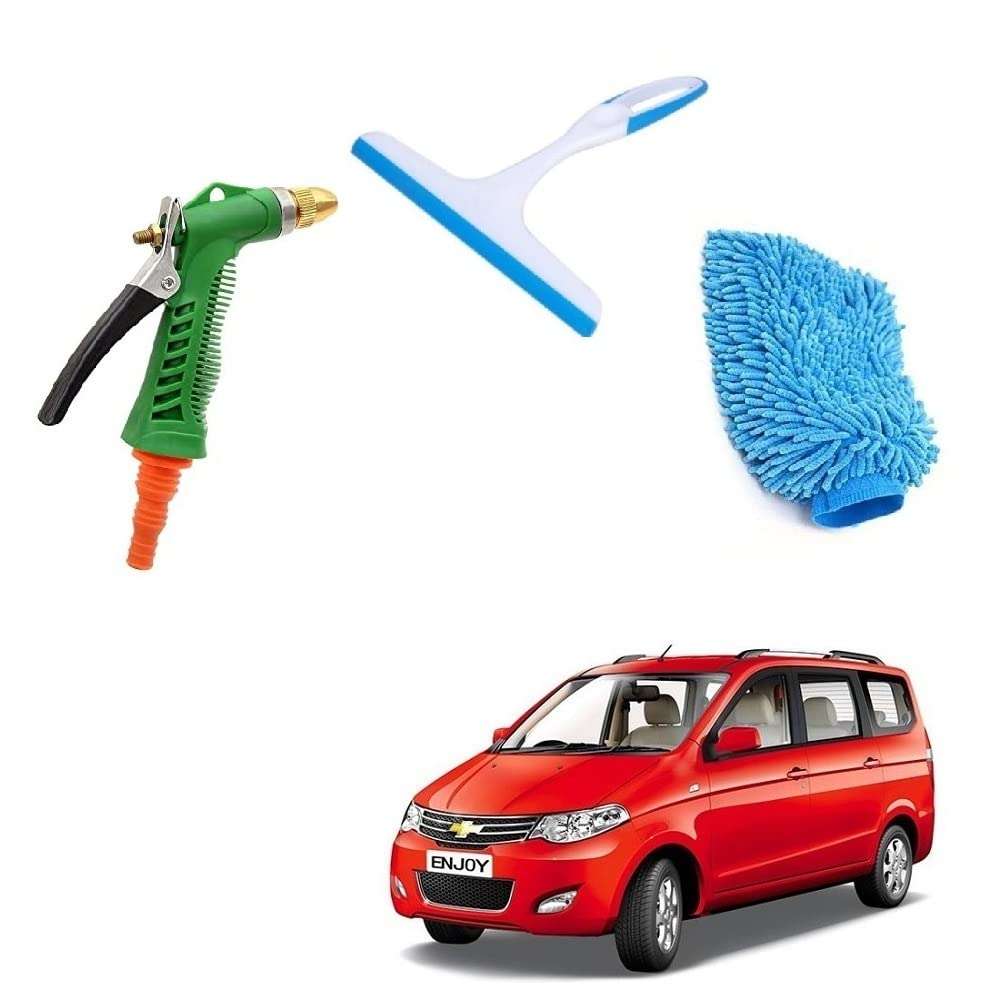 Combo of 3 Car Washing Water Spray Shower with Microfiber Cloth Glove & Glass Cleaning Mini Wiper Universal Random Colour Suitable for Chevrolet Enjoy