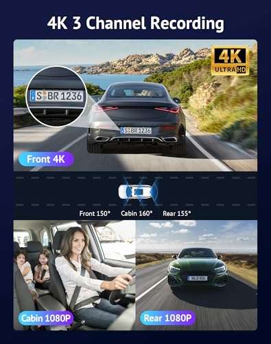 Hugolog 3 Channel Dash Cam 4K+1080P+1080P HD Triple Dashcam with 5G WiFi, 3" IPS Touch Screen, Front and Rear Inside Loop Recording Car Camera, Built-in GPS, IR Night Vision, WDR, Parking Mode 2