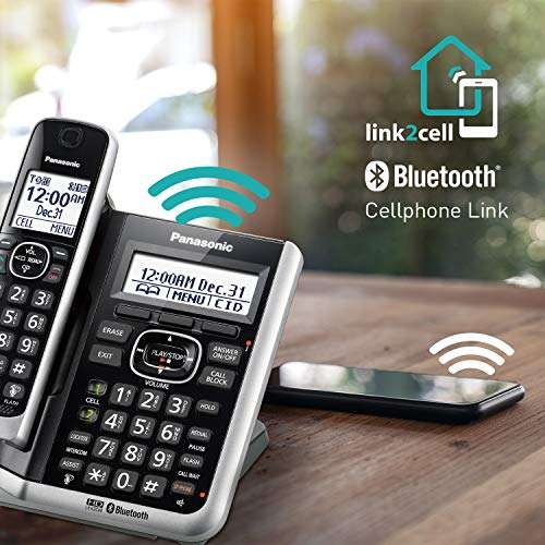 Panasonic Link2Cell Bluetooth Cordless Phone System with HD Audio, Voice Assistant, Smart Call Block and Answering Machine, Expandable Cordless System - 5 Handsets - KX-TGF675S (Black/Silver Trim) 4