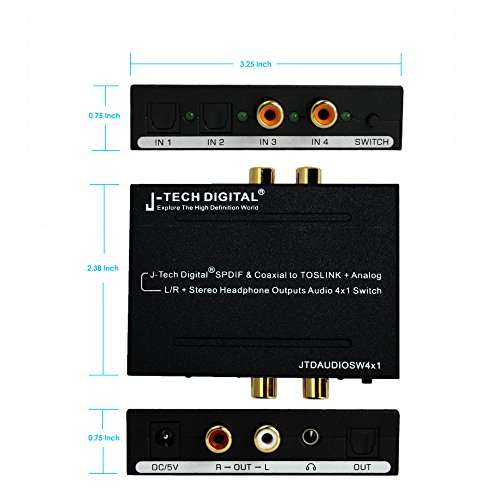 J-Tech Digital Optical SPDIF/Coaxial Digital to RCA L/R Analog Audio Converter 4x3 Switch with 3.5mm Jack Support Headphone/Speaker Outputs (JTDAUDIOSW4x1) 3
