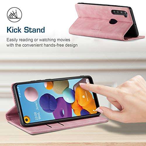 HAII Galaxy A21 Case, Flip Fold Leather Wallet Case with Credit Card Slot and Kickstand Magnetic Closure Protective Cover for Samsung Galaxy A21 (Pink) 4