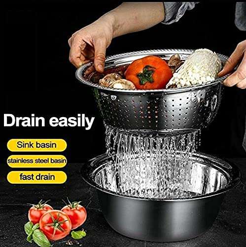 JANCOM 3 in 1 Kitchen Multipurpose Kitchen Stainless Steel Bowl, Drain Basket, Julienne Graters for Vegetable Cutter,Vegetable/Fruit Grater Kitchen Mesh Strainers(Set of 1, 26CM) 5