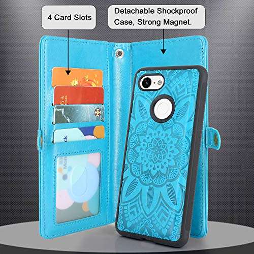 Harryshell Google Pixel 3 XL Case, Detachable Magnetic 12 Card Slots Wallet Case Shockproof PU Leather Flip Protective Cover Wrist Strap for Google Pixel 3XL (Flower - Blue) 2