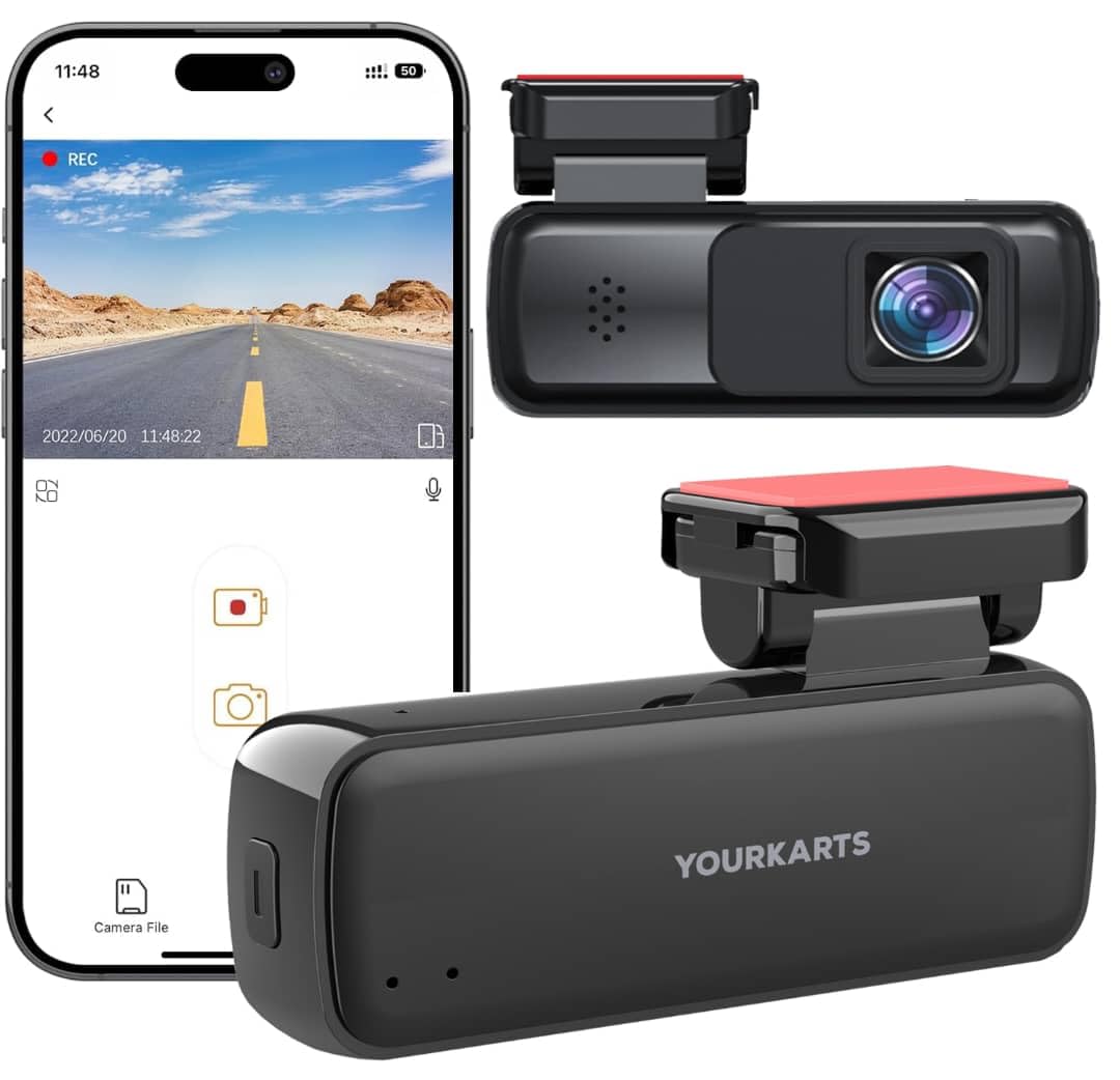YOURKARTS.COM Compact HD Dash Cam 1296P/1080P with WiFi & Viidure App, Motion Detection, 128GB Support, Wide Temp Range, 12V-24V Compatible, USB-A to Type-C Cable 3m – 18-Month Warranty