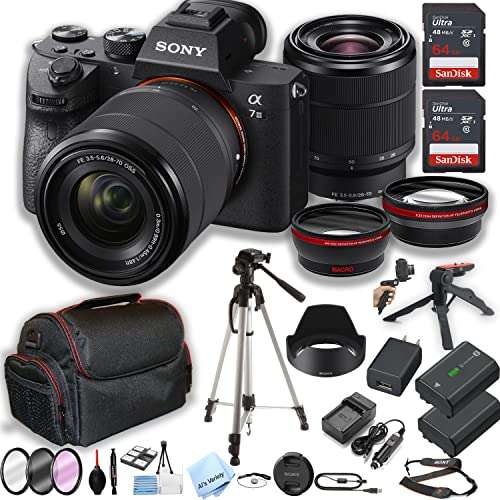 Sony a7 III Mirrorless Camera with 28-70mm Zoom Lens + 2pcs 64GB Memory + Case+ Tripod + Steady Grip Pod + Filters + Macro + 2X Lens + 2X Batteries + More (32pc Bundle) 1