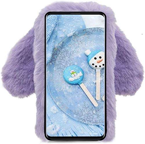 LCHDA Rabbit Case for Samsung Galaxy A51,Rabbit Fur Bunny Ear Case for Girls Fuzzy Cute Warm Winter Soft Furry Fluffy Ball Fur Hair Plush Protective TPU Bumper Skin Cover for Samsung Galaxy A51-Purple 3