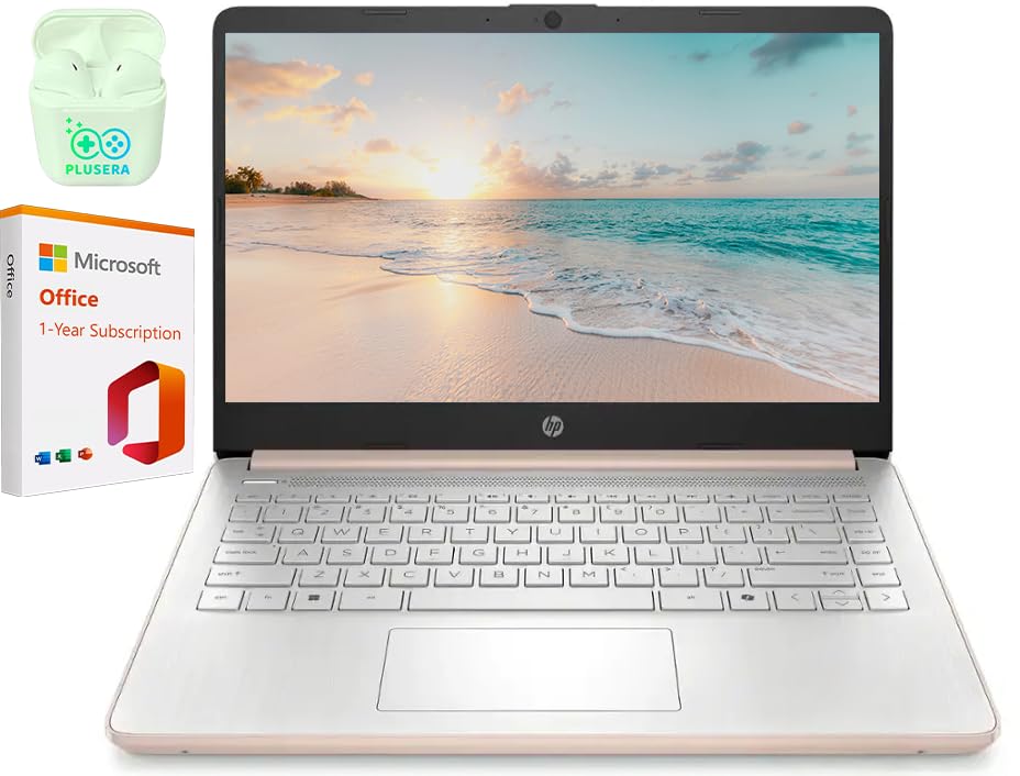 HP 14" LED Business Laptop Computer, 32GB RAM 640GB Storage (128GB UFS + 512GB SD Card), Intel Quad-Core N150, Windows 11 S & 1-Year Microsoft Office 365 Included, PLUSERA Earphones, Rose Gold