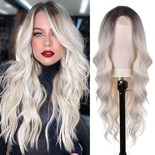 WOCO Long Wavy Wig, Ombre Platinum Blonde Wigs for Women, Synthetic Wig with Natual Hairline Lace Fornt Sliver White Curly Middle Part Hair Replacement Wigs for Halloween Daily Party Cosplay Use