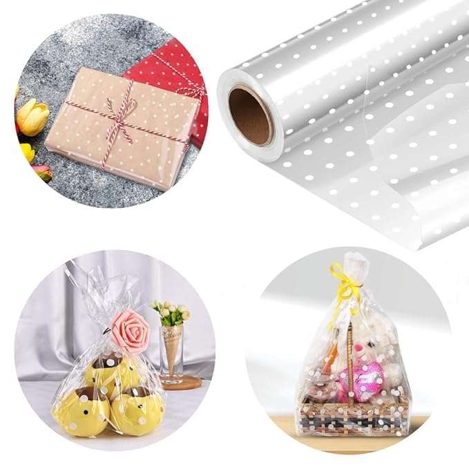 Saksham Clear Transparent White Polka Dot Cellophane Wrapping Roll Pack of 2 (20m x 70cm) | Perfect for Hampers, Crafts, Gift Wrap | Transparent gift wrapping sheets | Get 3 Free Pull Bow Ribbons 6