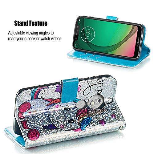 HMTECHUS Moto G7 Play Case Shiny Rhinestone Sparkle Bling Wallet Card Holder Flash Chip PU Leather Anti-Slip Shockproof Magnetic Flip Cover for Motorola Moto G7 Play (US Model) Star Unicorn YB 3