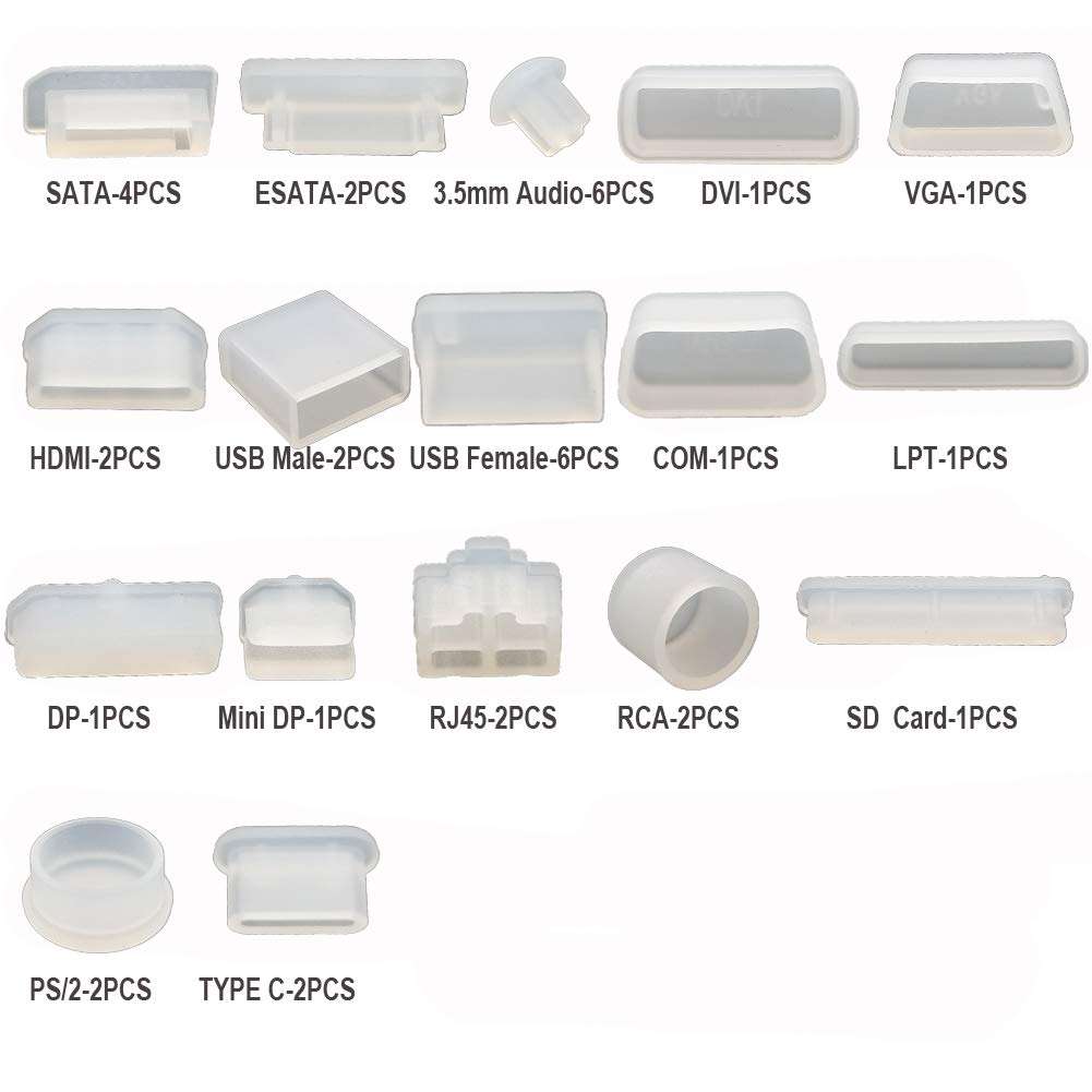 37 PCS 17 Types Anti Dust Plugs Computer Port Dust Plugs, Silicone Dust-Proof Stoppers/Plugs for Computer PC Case Box Laptop Port, Dust Covers Stoppers, for VGA DVI HDMI USB COM LPT DP RJ45 (White), AYD-DP03 2