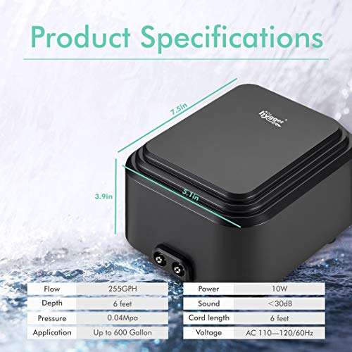 hygger Quietest Aquarium Air Pump, Adjustable Oxygen Pump 2 Air Outlets Ultra Silent Powerful Aerator Pump Up to 600Gallon Fish Tank 255GPH 10W 6