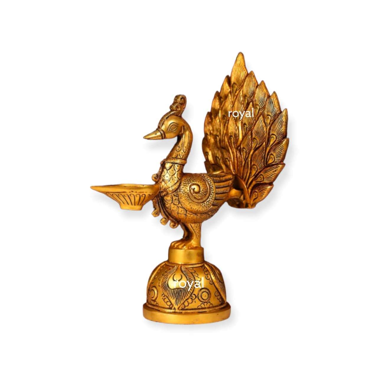 IYI MERCHANT Brass Peacock Diya Stand | Golden Color Peacock Brass Diya Stand for 1 Wick | LxWXH - 20.32 x 16.51 x 31.7 cm, Wt. - 3.5 Kg 3