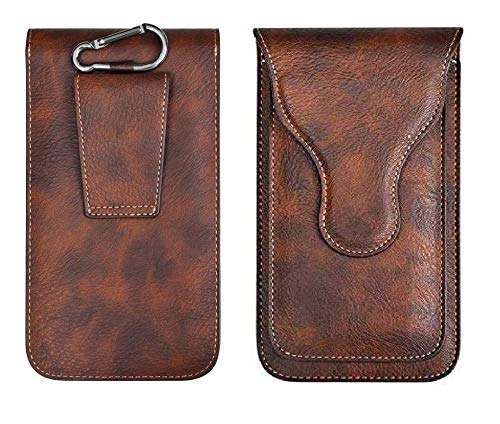 ConnectPoint Brown Texture 2 Pocket Pouch Waist Holster Pouch Genuine Leather Holster Double Mobile Pouch Belt Clip Cases Waist Bag Pack Compatible for LG G8X ThinQ
