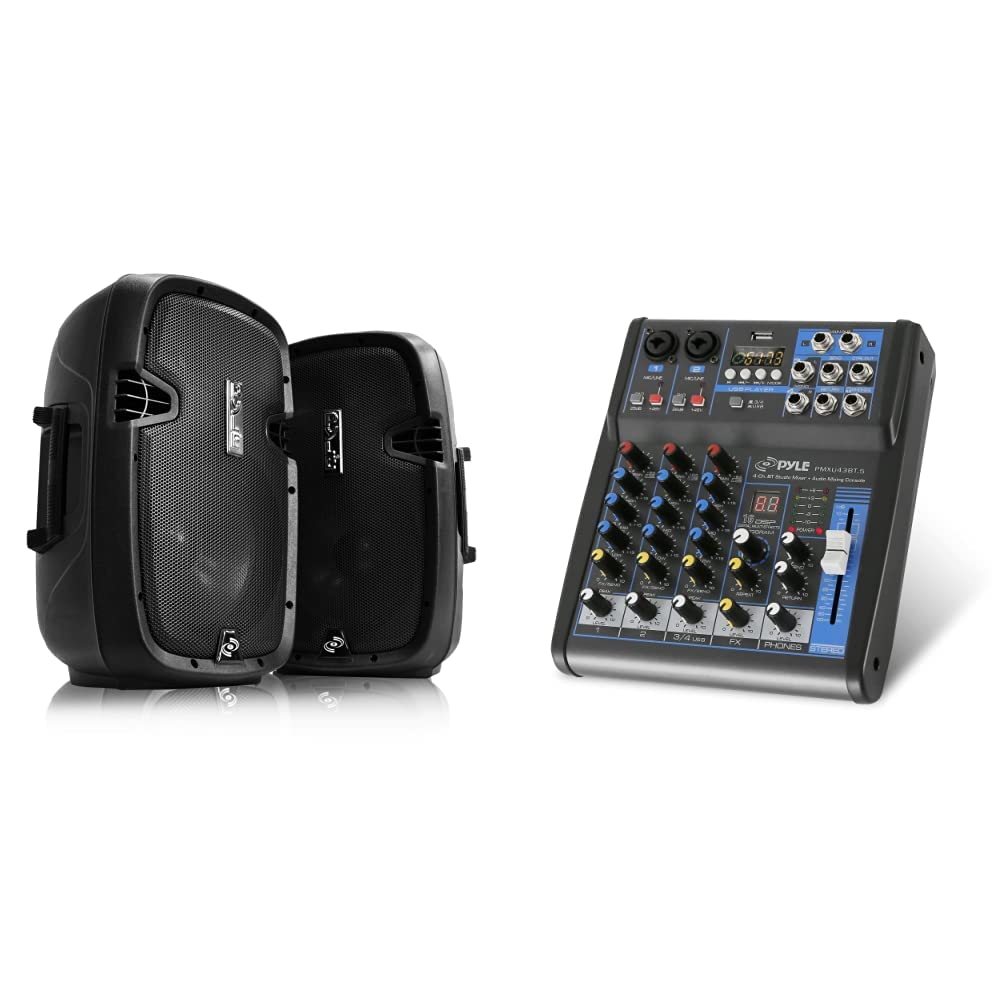 Pyle Wireless Portable PA System - Bluetooth Compatible Active + Passive Pair Outdoor Sound Speakers & Professional Audio Mixer Sound Board Console System Interfacen Streaming FX 16-Bit DSP Processor