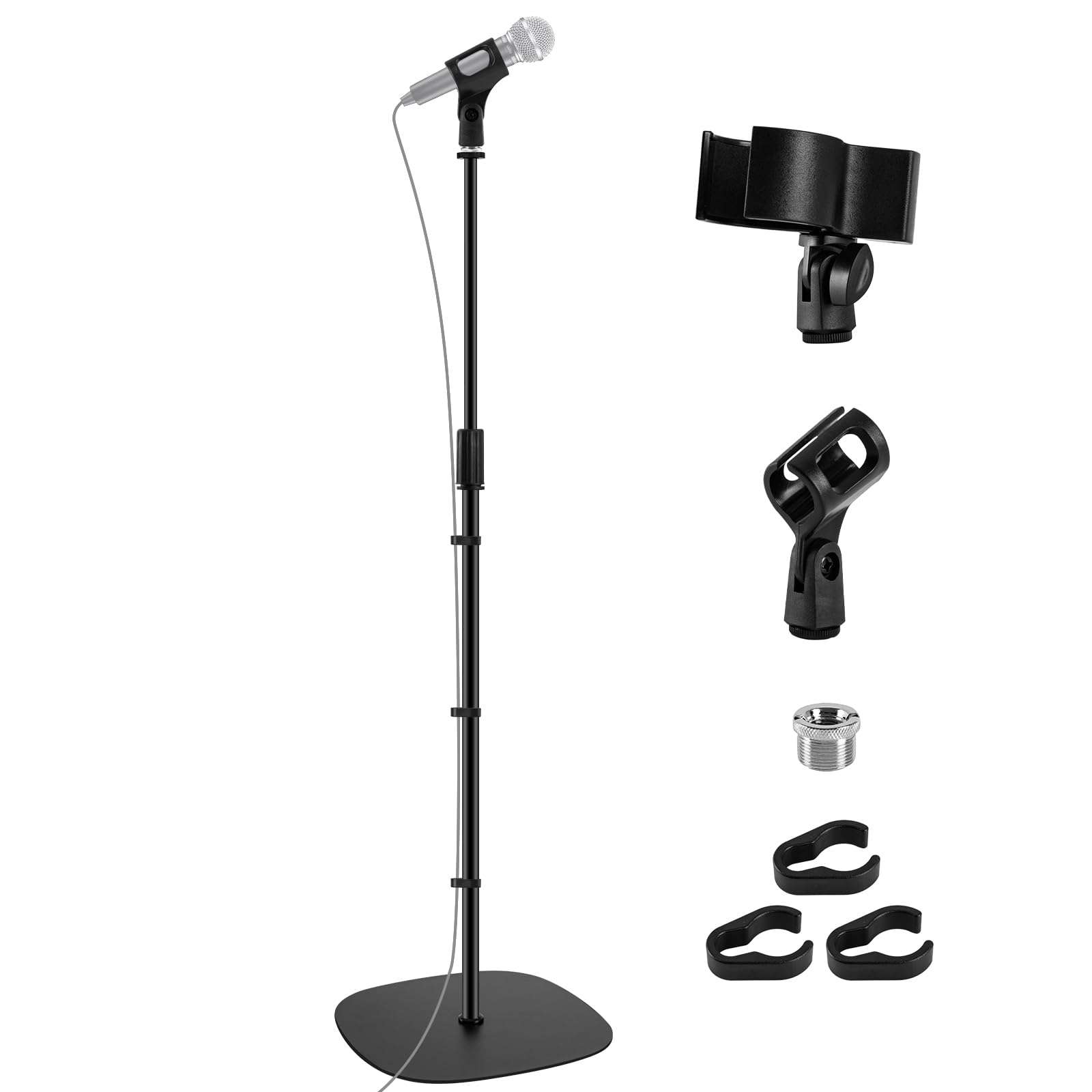 BILIONE Microphone Stand Floor, 22"-70" Height Adjustable Boom Mic Stand with Weighted Base, 2 Clips & 3/8'' to 5/8'' Adapter Compatible with Blue Yeti HyperX QuadCast Shure SM58 (Mic Stand Floor) 1