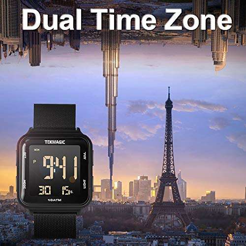 TEKMAGIC 10 ATM Waterproof Digital Watch with Stainless Steel Wristband Support Swimming Diving Wear 100m Underwater, Alarm Clock, Chronograph, Timer, Countdown, Dual Time Zone, 12 or 24 Hour Format, 5