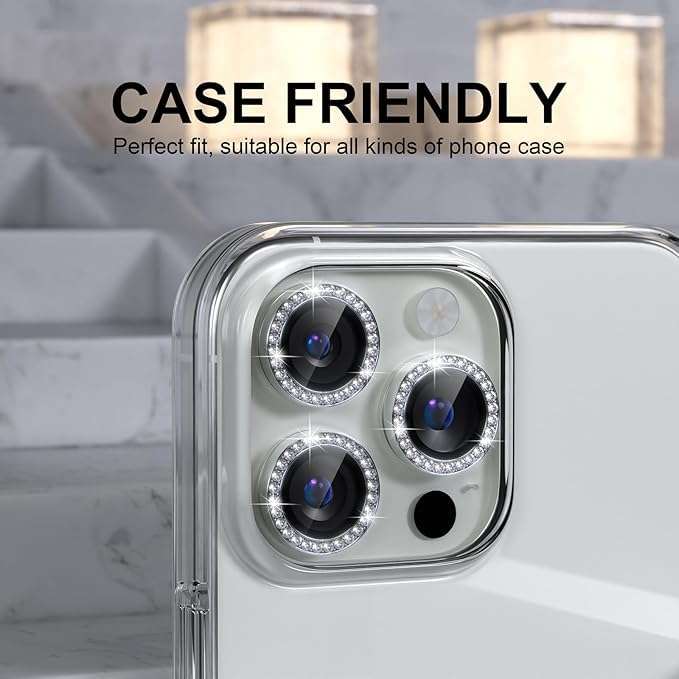 STP FEEL® Diamond Camera Ring Protector Compatible for iPhone 16 Pro 5G / 16 Pro Max 5G Full Coverage Metal HD+ Tempered Glass Camera Protector Ring Anti-Scratch Dust-proof Case Friendly - Silver 5