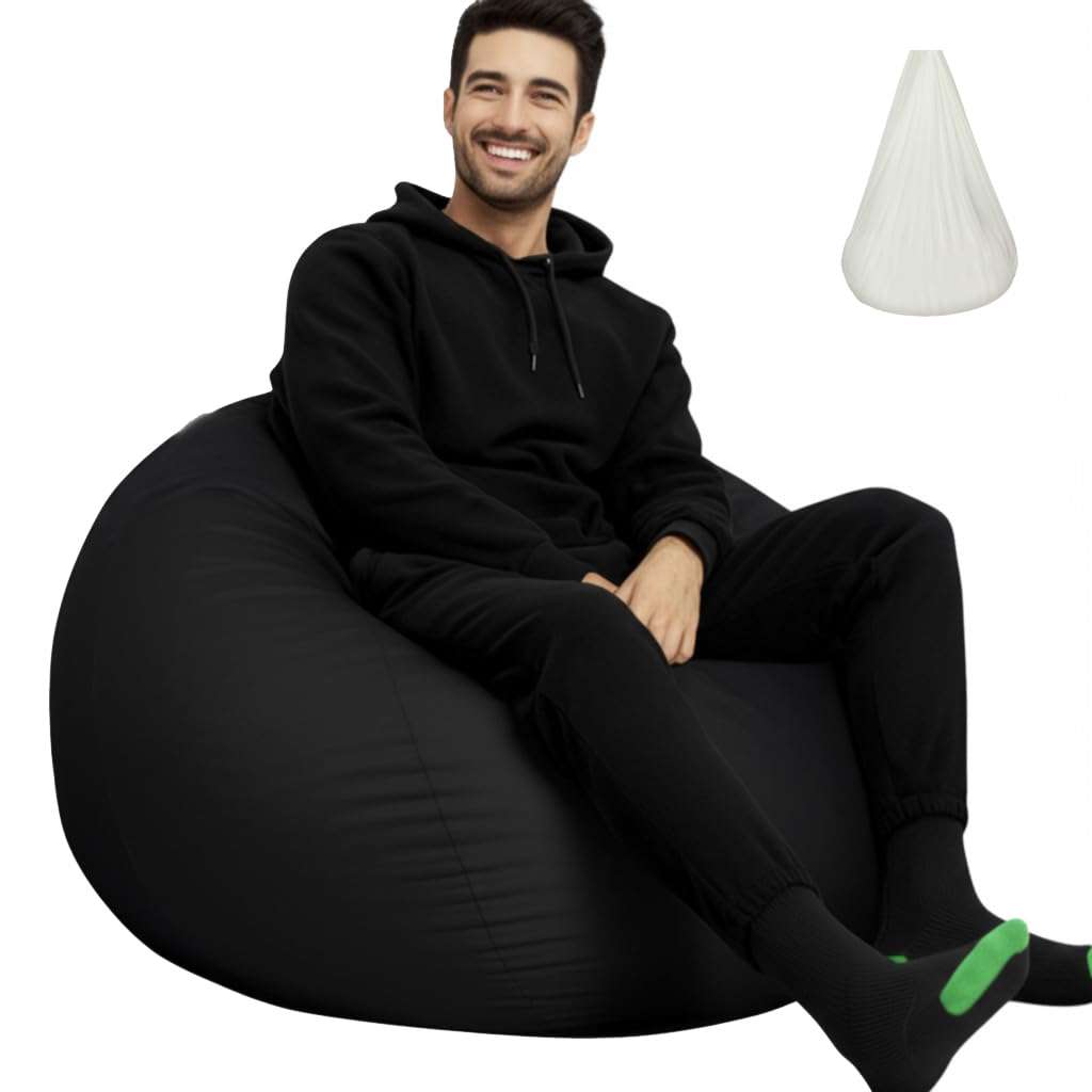 Tusrai Bean Bag Cover with Liner Only Washable 3ft (No Filler) Velvety Luxurious Microfiber Suede Bean Bag Chair Cover for Adults Indoor (Black-Cover&Liner Only, Large)