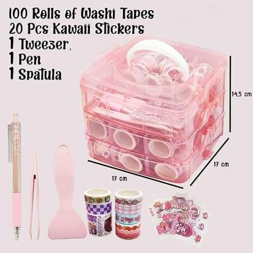 BLUEJELI Washi Tape Set for Designer Decorative Tapes, Washi Tape Gift Packing Tape Masking Tapes with 20 Pcs Kawaii Stickers, Tweezer, Pen and Spatula in Layer Box, Tapes for Art and Craft (PINK) 5