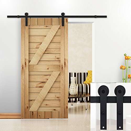 Hahaemall Classic Design 5FT/60'' Single Sliding Barn Door Hardware Cloest Black Metal Rail Heavy Duty (I Shape Hangers)