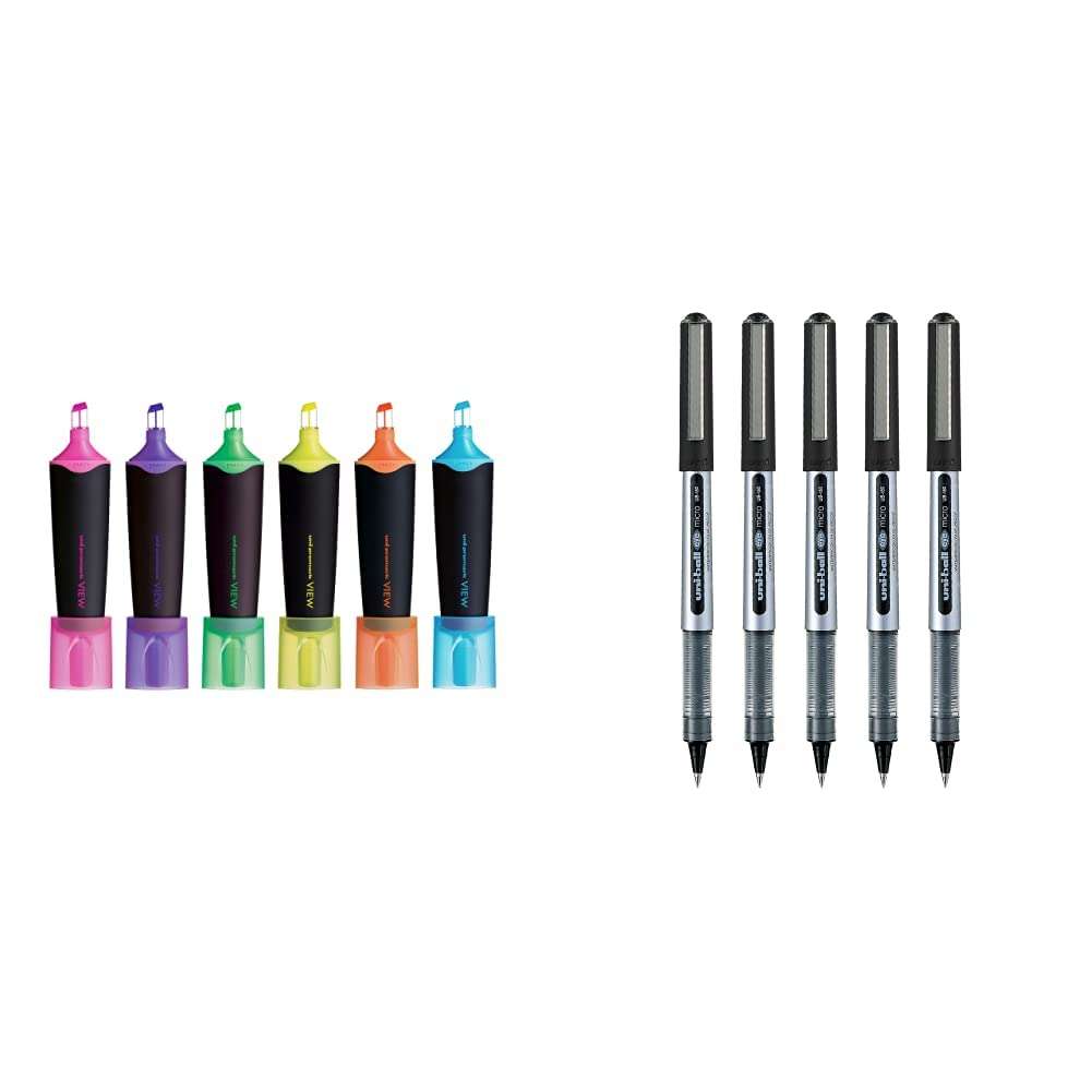 Uniball Promarkview Highlighter Set - Pack of 6 (Multicolor) & Uni-ball Eye Ball Point Pen - Pack of 5 1