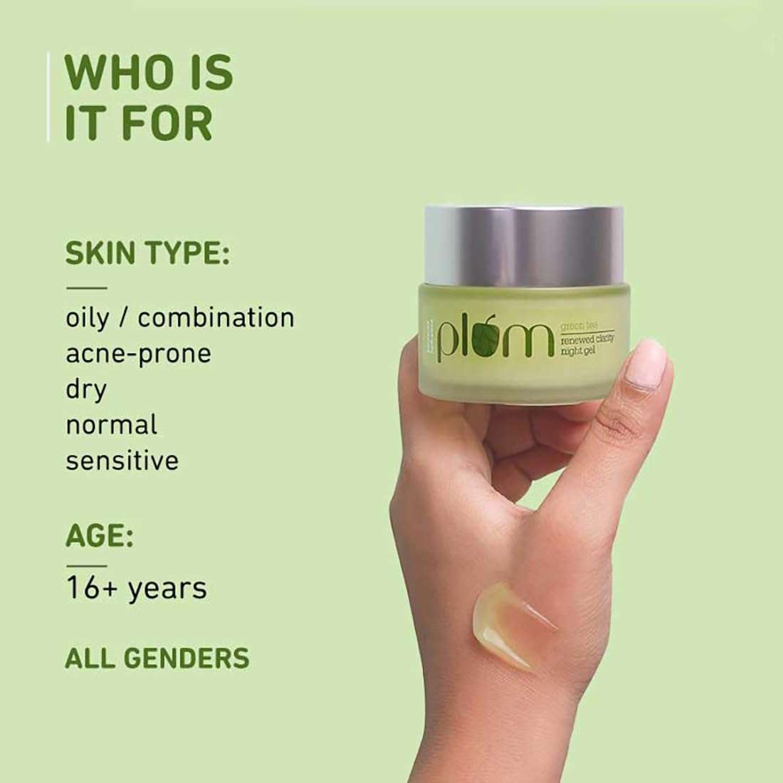 Plum Skin Renewing Night Face Gel with Green Tea & Glycolic Acid for Oily & Acne Prone Skin, Hydrating Moisturizer Night Cream for Oily Skin, Paraben & Cruelty Free for Women,1.69 Fl OZ 3