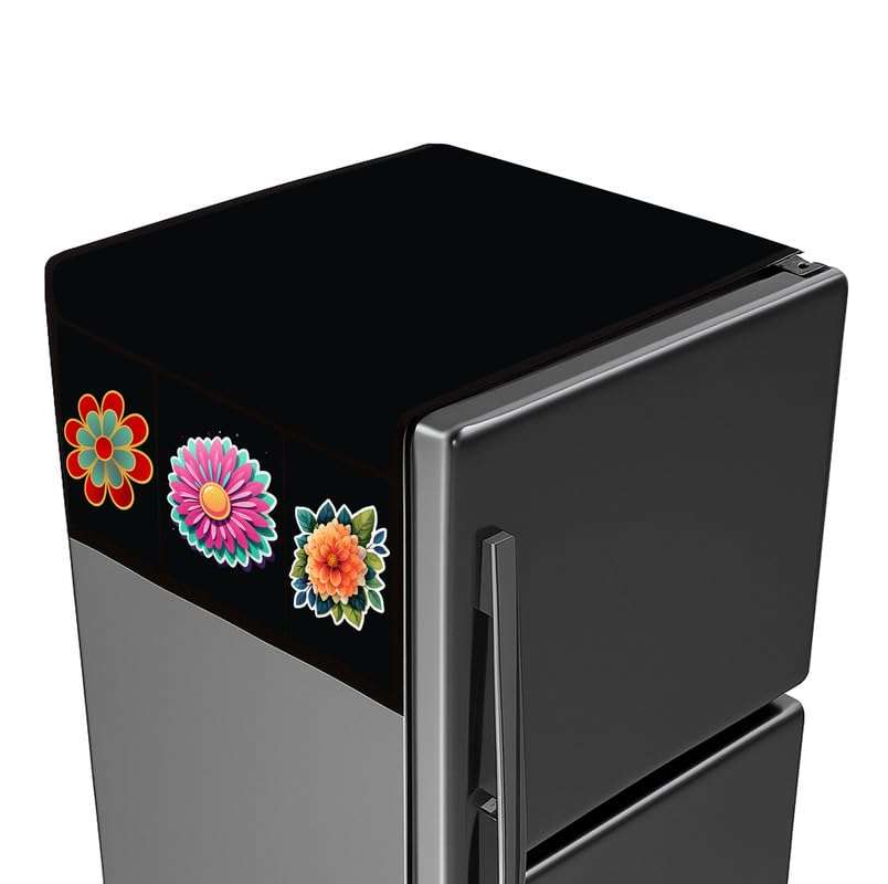AMODORI Fridge Top Cover – Waterproof Cloth with 6 Side Storage Pockets with Flower Print Black Colour 1