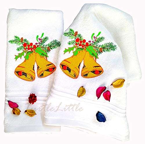 TurtleLittle, 100% Cotton, Christmas Bells Hand/Kitchen Towels Set, 600 GSM (Set of 2, White) 1