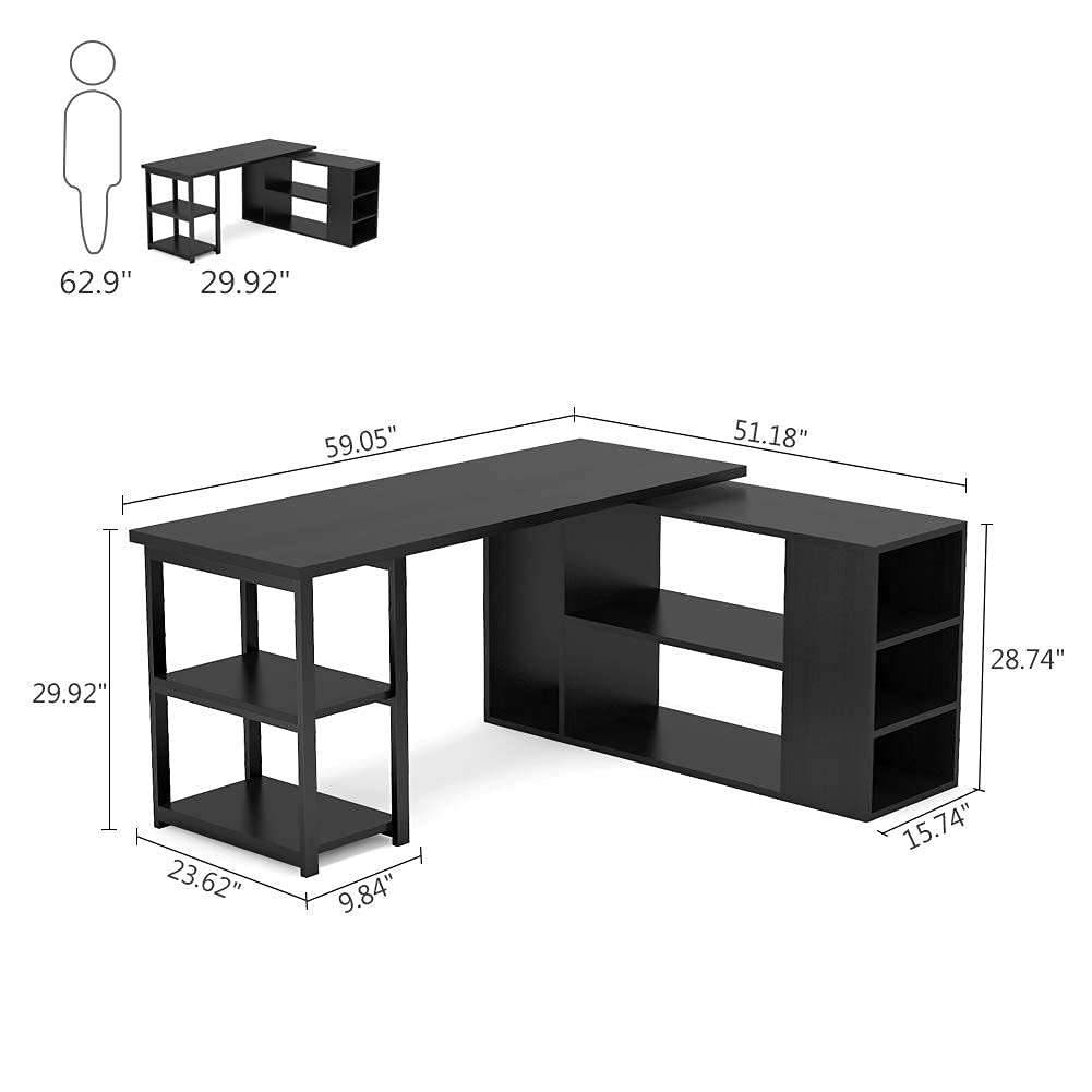 Tribesigns L-Shaped Computer Desk, Rotating Corner Computer Desk with Bookcase and File Cabinet, Reversible L Shaped Office Desk for Home Office (Black) 6