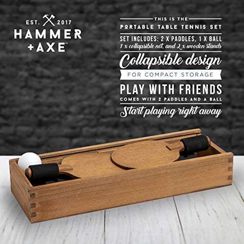 Hammer + Axe Portable Wooden Table Tennis Set, Compact Ping Pong Kit with Paddles, Wood Net and Ball, Play Tennis on Any Desk, Table or Counter, Includes Convenient Wood Box Case 3