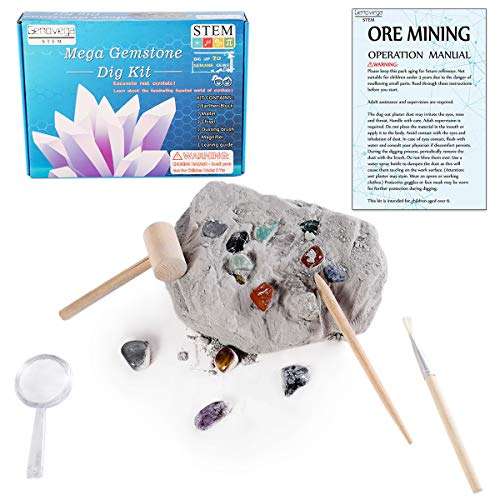 Gemstone Crystal Rock Dig Kit - Science Experiments Toy, Great Educational STEM Gift, Excavate 20 Real Gems Fossils Treasure Geode, Age 4 5 6 7 8 9 10 11 12 Year Old for Kids Boys Girls 1