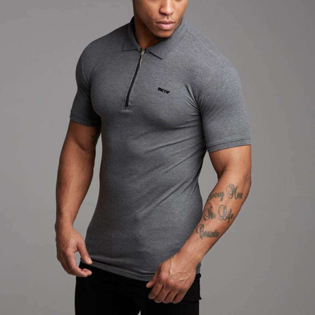 Men Shirts Fashion Short Sleeve Slim Fit Sports Bodybuilding Fitness Muscle Cotton Polo T Shirts Tops (M, Gray) 2