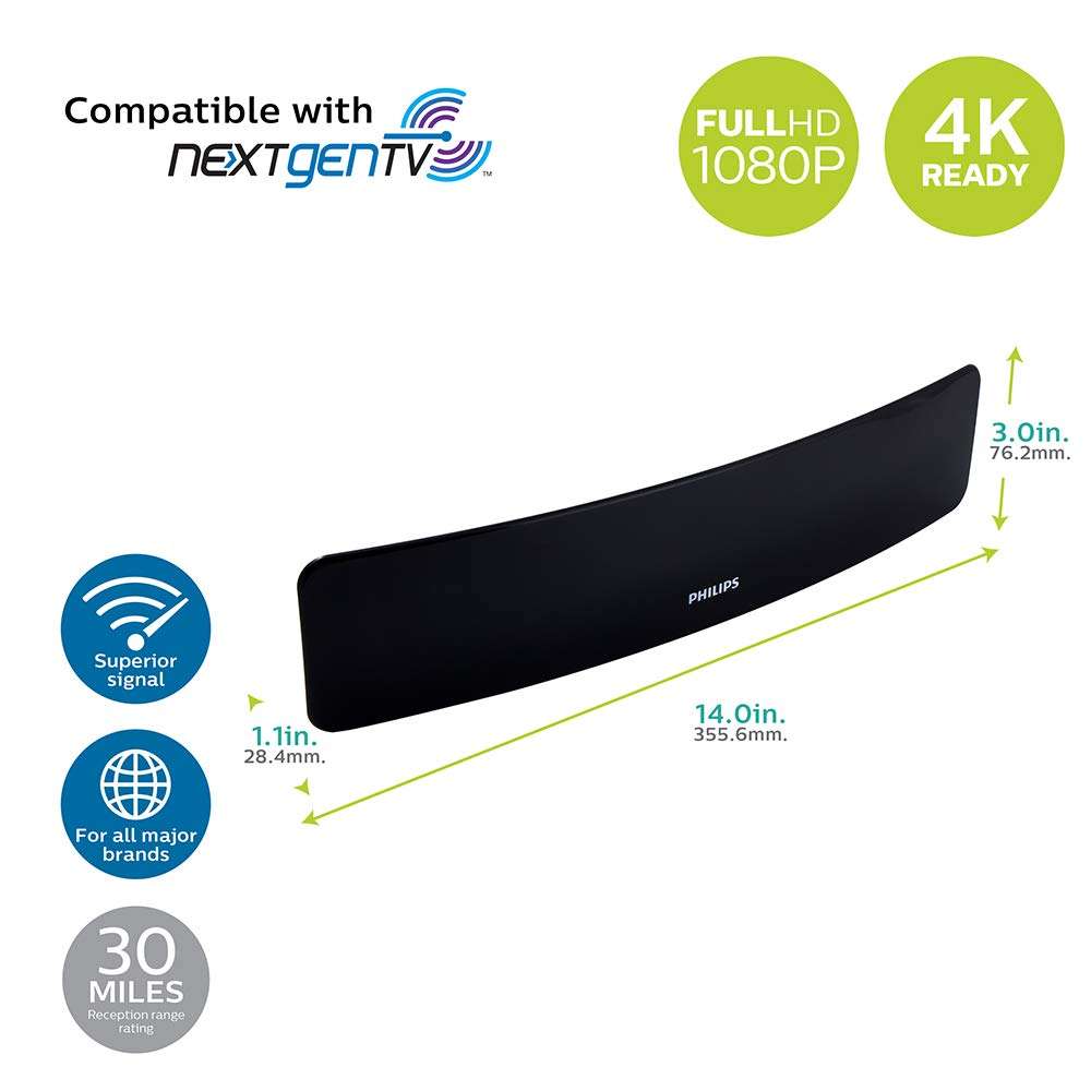 Philips Curved Contour HD TV Antenna, 30 Mile Range, 4K 1080P VHF UHF, Digital Smart TV Compatible, 5 ft. Coaxial Cable, Black, SDV9201A/27 2
