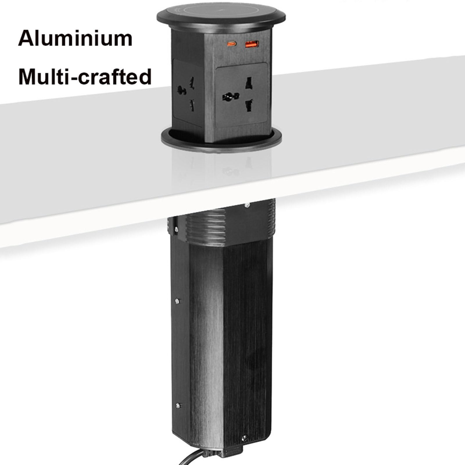 Smart Pop Up Socket, 4 Outlets+U-C+Wireless Charger, Aluminum Alloy, One-Touch Lift, for Office/Kitchen,Silver 4