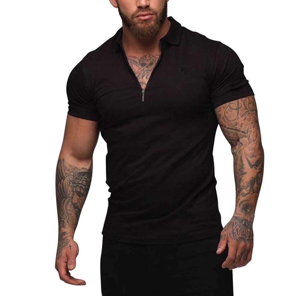 Men Shirts Fashion Short Sleeve Slim Fit Sports Bodybuilding Fitness Muscle Cotton Polo T Shirts Tops (M, Black) 1