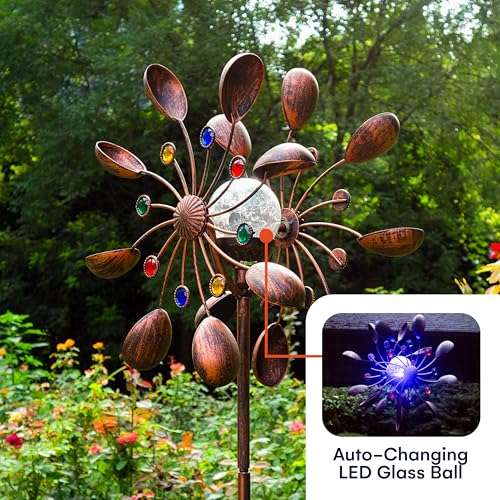 SteadyDoggie 75-Inch Wind Spinners Jewel Cup - Solar-Powered with Multi-Color LED Glass Ball - Metal Kinetic Windmill for Dual Wind Direction - Easy to Assemble Garden and Outdoor Yard Decorations 5